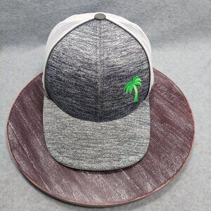 Gray & White Mesh Trucker Hat With Green Palm Tree Embroidery Adjustable Snapbac